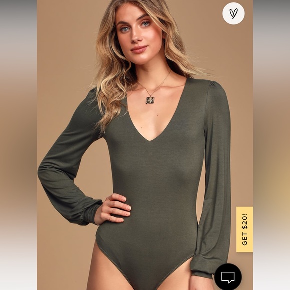 Kaylene Olive Green V-Neck Balloon Sleeve Bodysuit Size Large - Picture 2 of 6